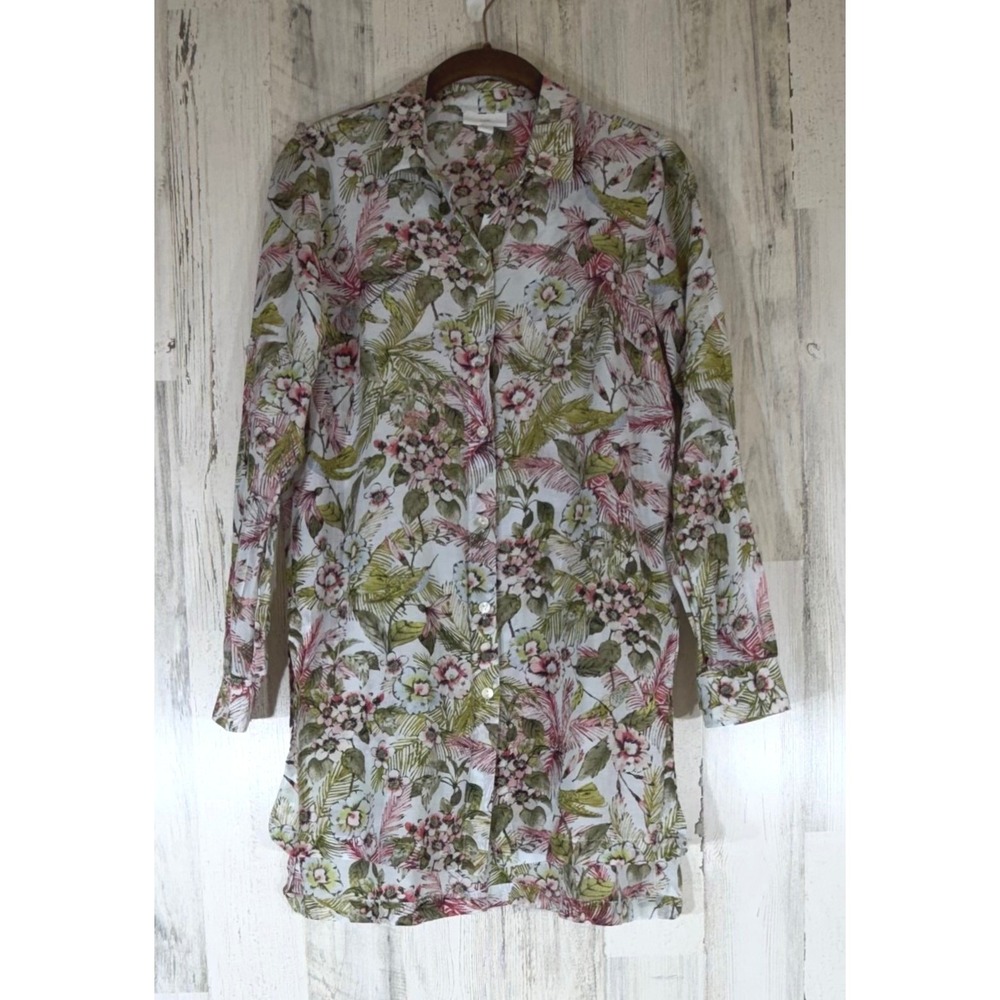 J Jill Tunic XS Cotton Silk Floral Hummingbird Botanical Side Slits Lightweight